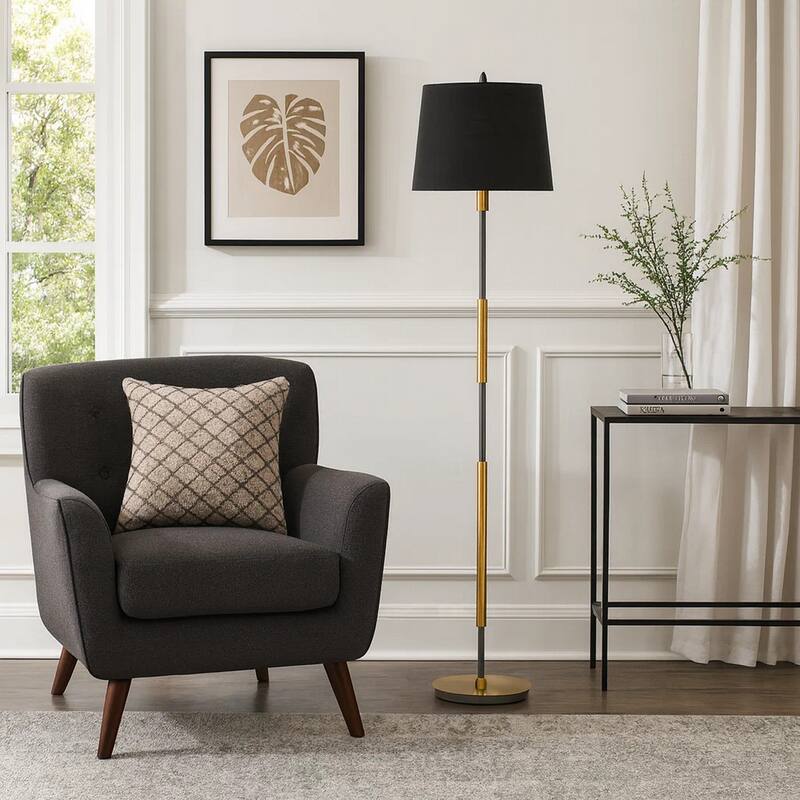 Siu 60 Inch Floor Lamp, Gold Metal Pole w Finial Tip, Black Shade