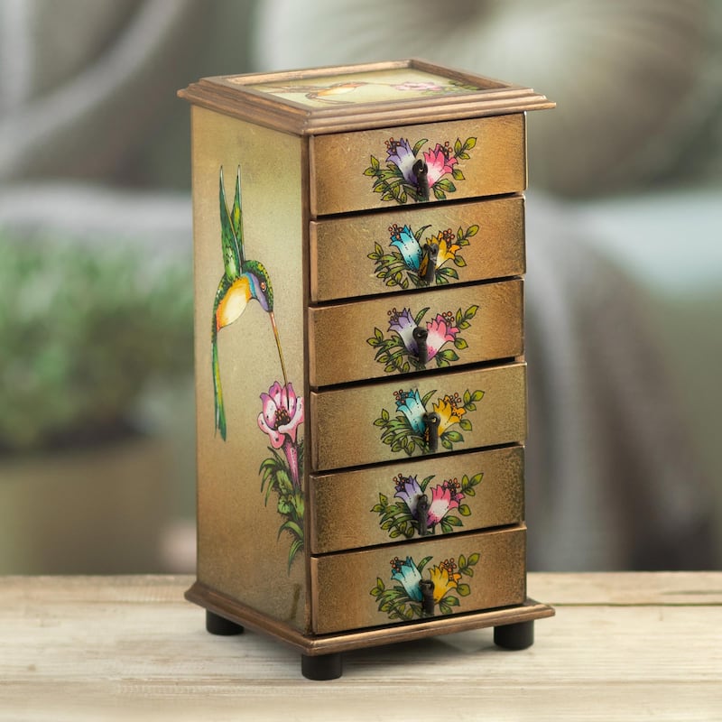 Novica Handmade Flying Hummingbirds Reverse Painted Glass Jewelry Box