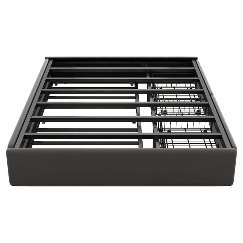 Leather Upholstered Grounded Bed Frame with 2 Drawers and Trundle Bed