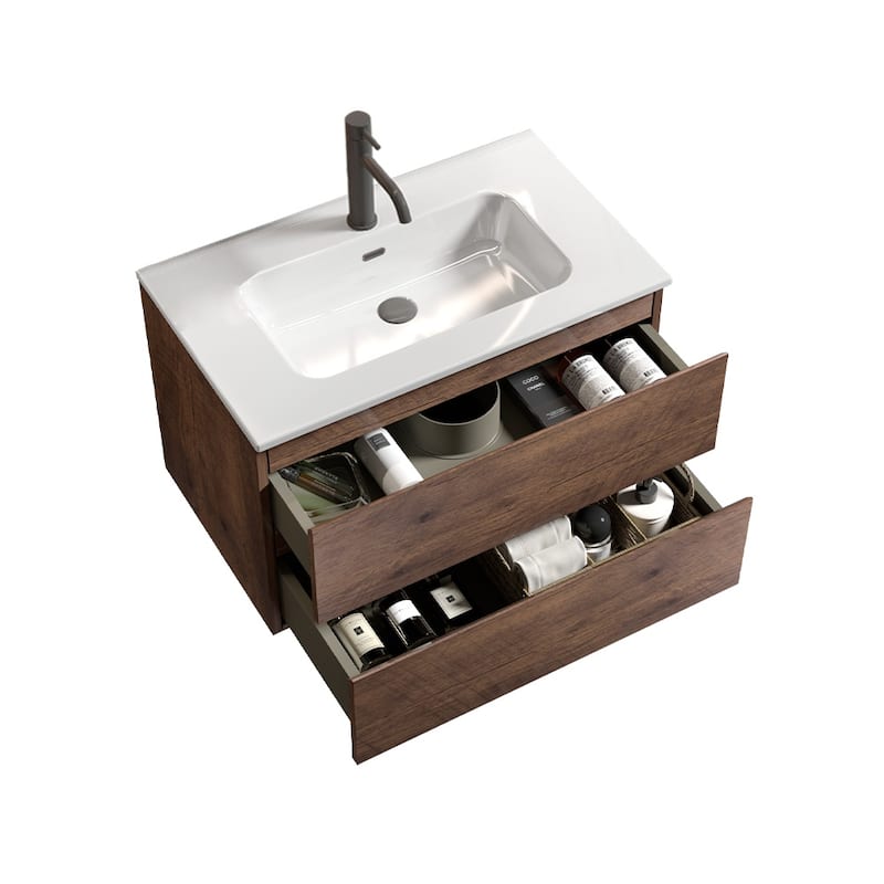 Wall Mount Glossy Bathroom Vanity with Ceramic Sink with Single Hole - White+Walnut