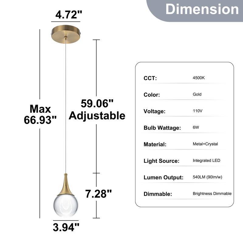 Starsky 1-Light LED 4500K Teardrop Crystal Small Pendant - Gold