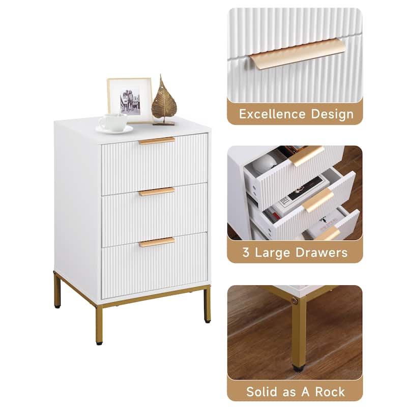 Nightstand with 3 Drawers, Sofa Side Table with Metal Handles & Legs, Wavy Drawer Panels Storage Table for Bedroom