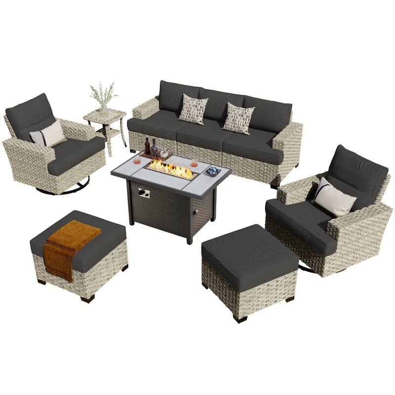 HOOOWOOO 9-piece Wicker Patio Furniture Swivel Rocking Chair Set with Fire Pit