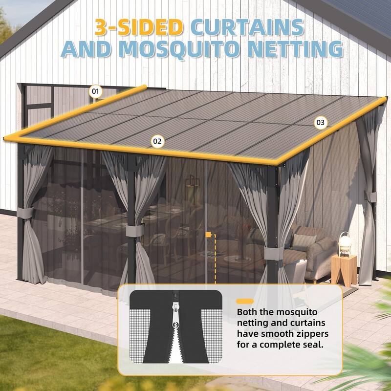 AECOJOY Gazebo for Patio, Small Wall-Mounted Lean to Pergola 8x8 Gazebo with Curtains and Netting, Hard Top Gazebo on Clearance