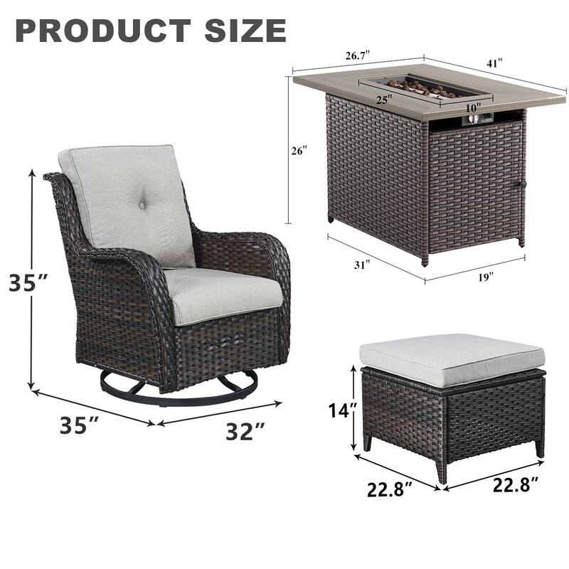 Outdoor Swivel Chair Ottoman Set with Fire Pit Table - Brown