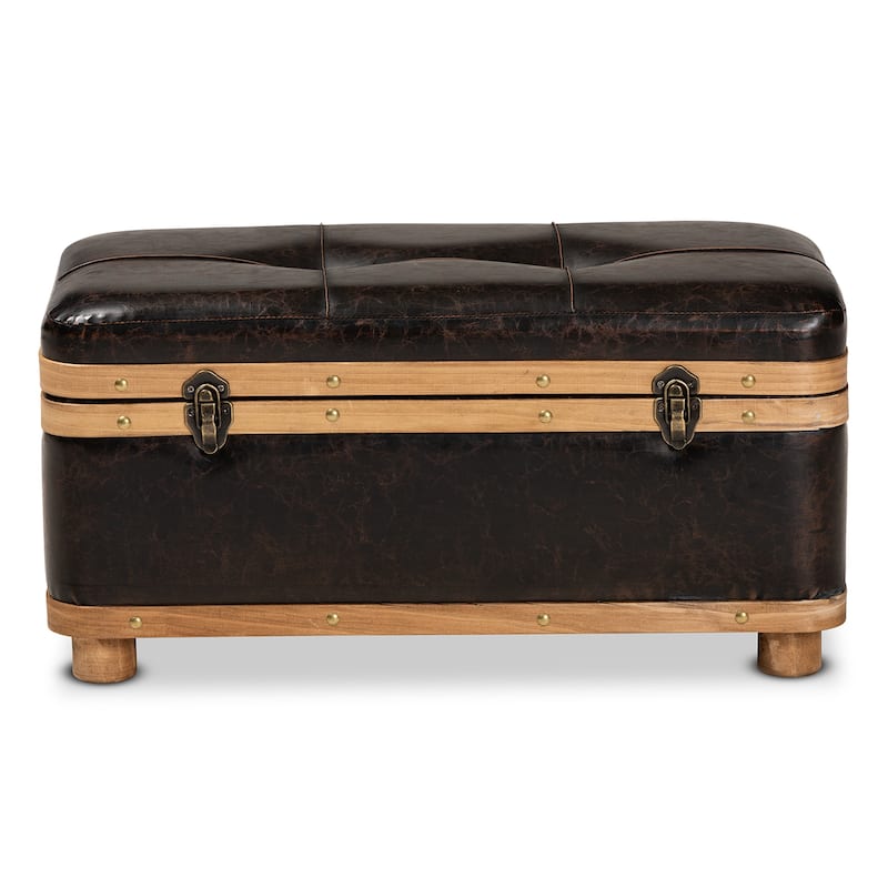Gendry Modern Rustic Faux Leather and Wood Storage Ottoman Large
