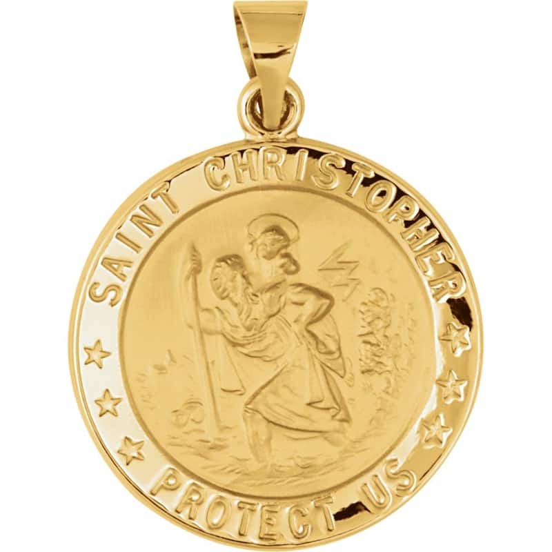 Curata 14k Yellow Gold 22mm Polished Round St. Christopher Medal Pendant Necklace, 16"