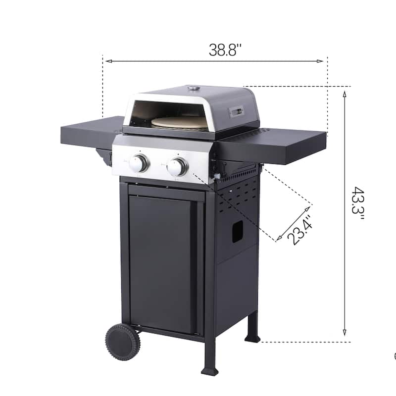 2-Burner Propane Gas BBQ Grill, Pizza Box, 24600BTU Output With Wire Enamel Cooking Grids, Foldable Side Table, Hanging Basket