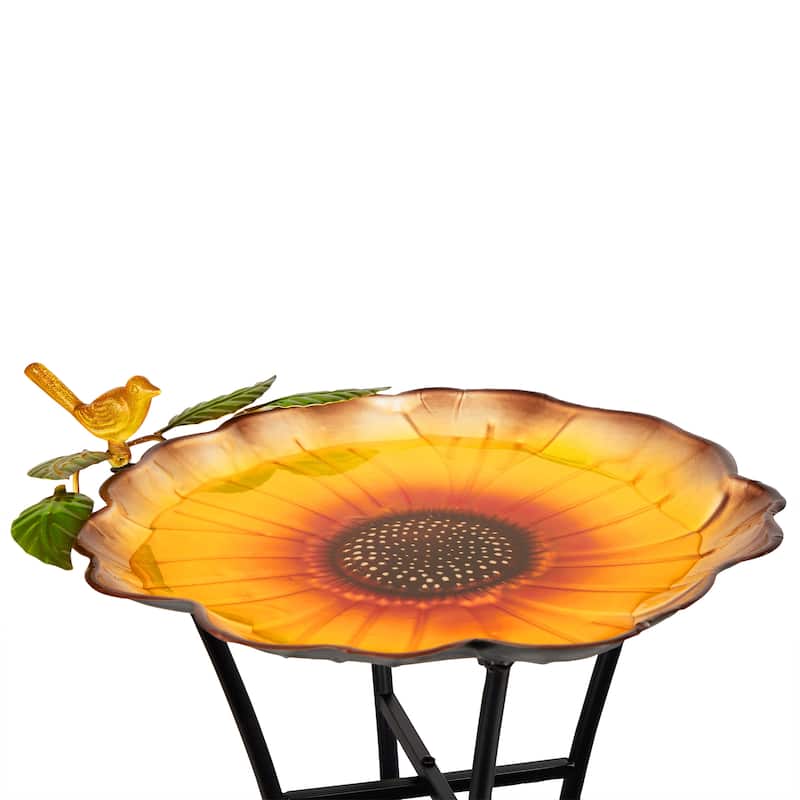 Metal Daisy Birdbath with Bird and Sunflower Stand