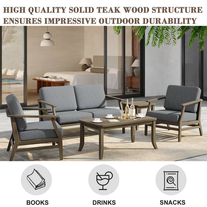 5-Piece Outdoor Teak Wood Patio Conversation Set with Cushions