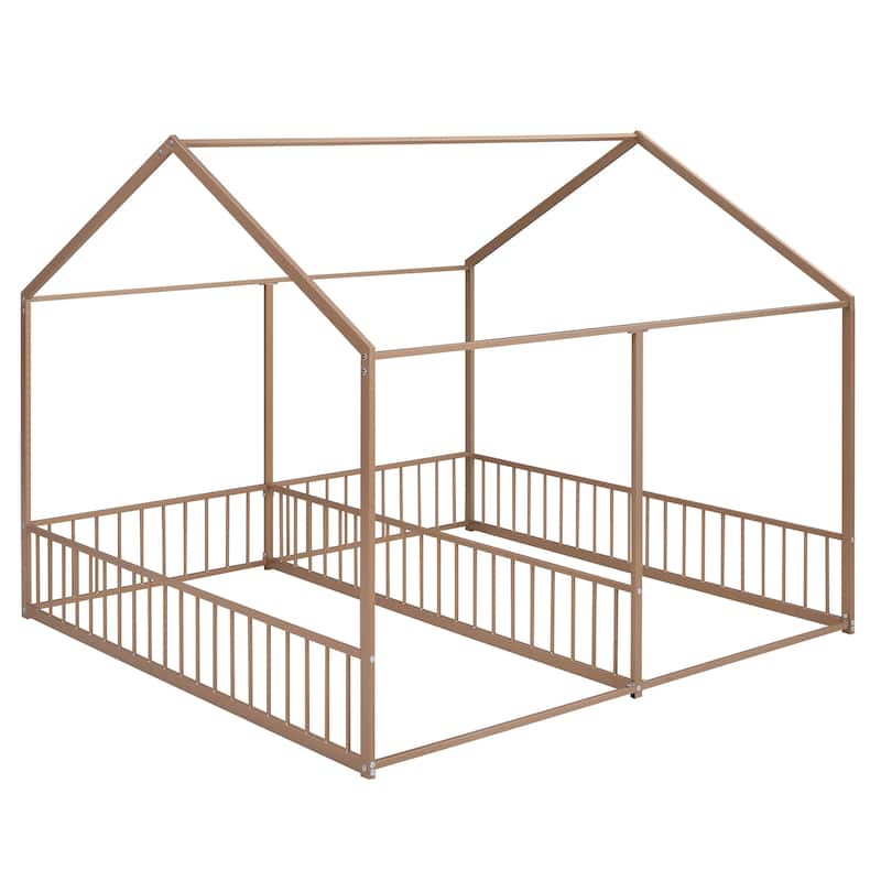 Metal Double Twin House Platform Bed with Guardrail