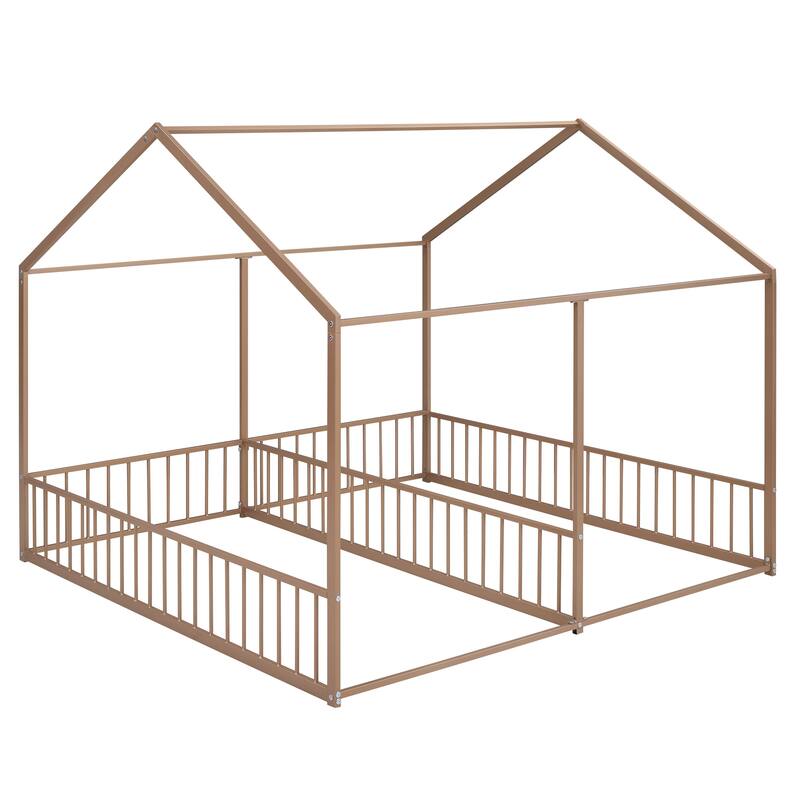Twin Size Metal House Platform Bed with Roof, Windows, and Guardrails, 2-in-1 Bed Design, Easy Assembly
