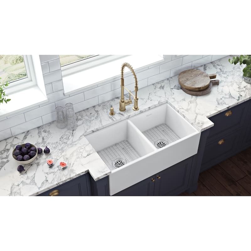 Ruvati 33 x 18 inch Fireclay Farmhouse Apron-Front Kitchen Sink Double Bowl - White - RVL2311WH
