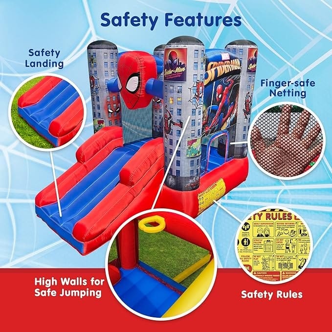Marvel Spider-Man Bounce House with Slide, Kids Inflatable Spiderman Bouncy Castle Indoor Outdoor Plus Heavy Duty Air Blower