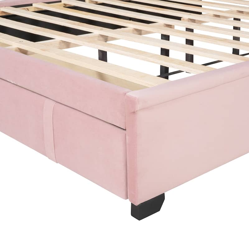 Queen Upholstered Platform Bed with Wingback Headboard and Drawer