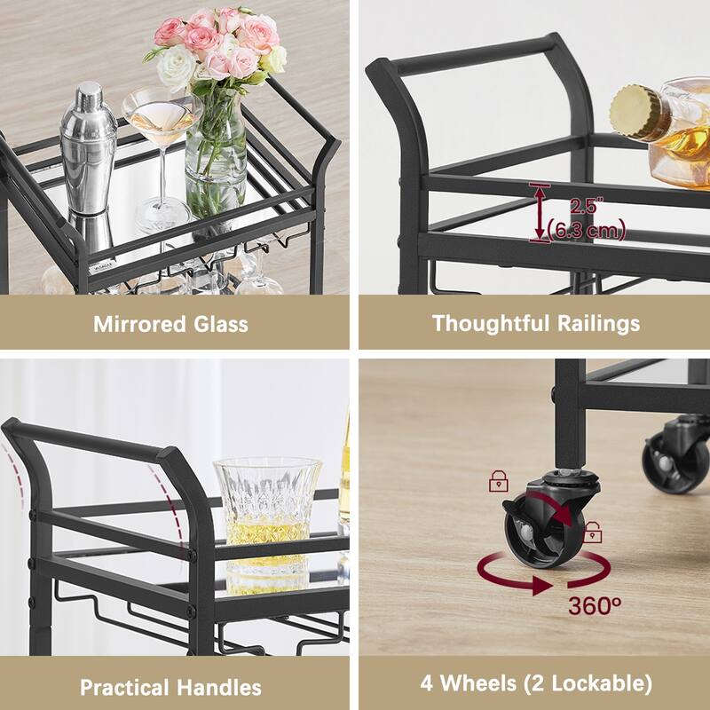 Mini Home Bar Cart with 3-Tier Shelf Wine Holders, and Glass Holders