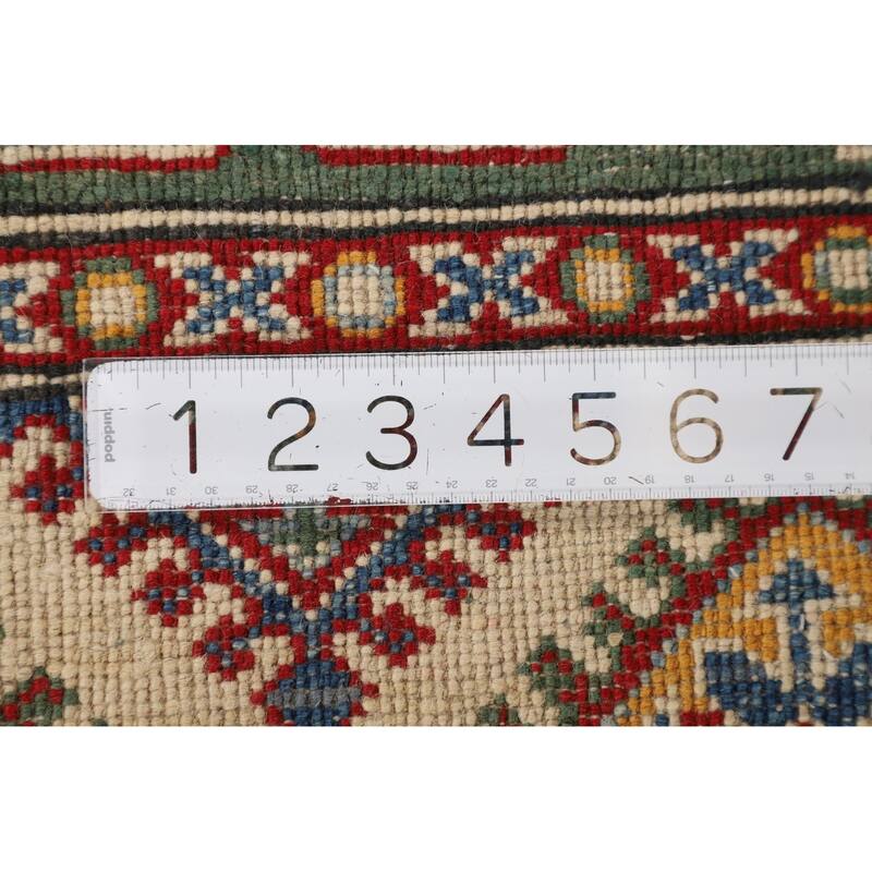 Green Geometric Kazak Accent Rug Hand-Knotted Wool Carpet - 2'9" x 3'11"