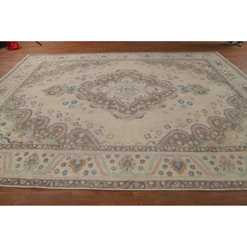 Hand Knotted Oriental 100% Wool Carpet Traditional Floral Beige & Ivories Tabriz Area Rug - 12' 9'' X 9' 7''