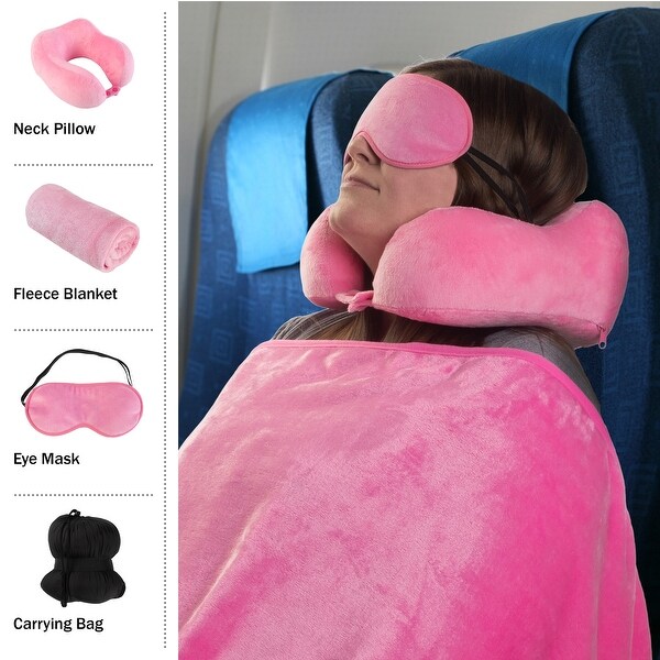 Travel Pillow Set - Memory Foam Pillow, Fleece Blanket, and Eye