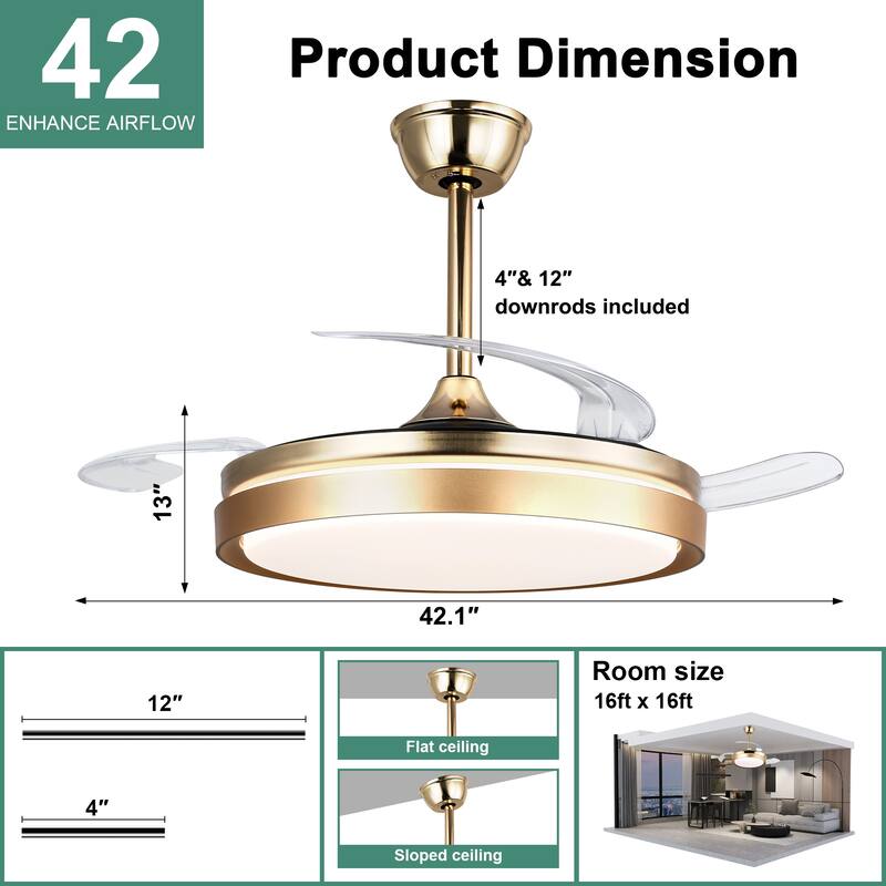 Cusp Barn 42 Inch Retractable Ceiling Fan with Lights, Modern Silent DC Motor 6 Speeds Chandelier Ceiling Fan for Bedroom