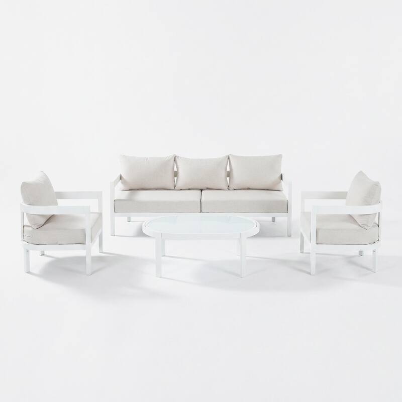 Christopher Knight Home - Modern 4-Piece Outdoor Aluminum Patio Conversation Set with Oval Glass Coffee Table & Cushions