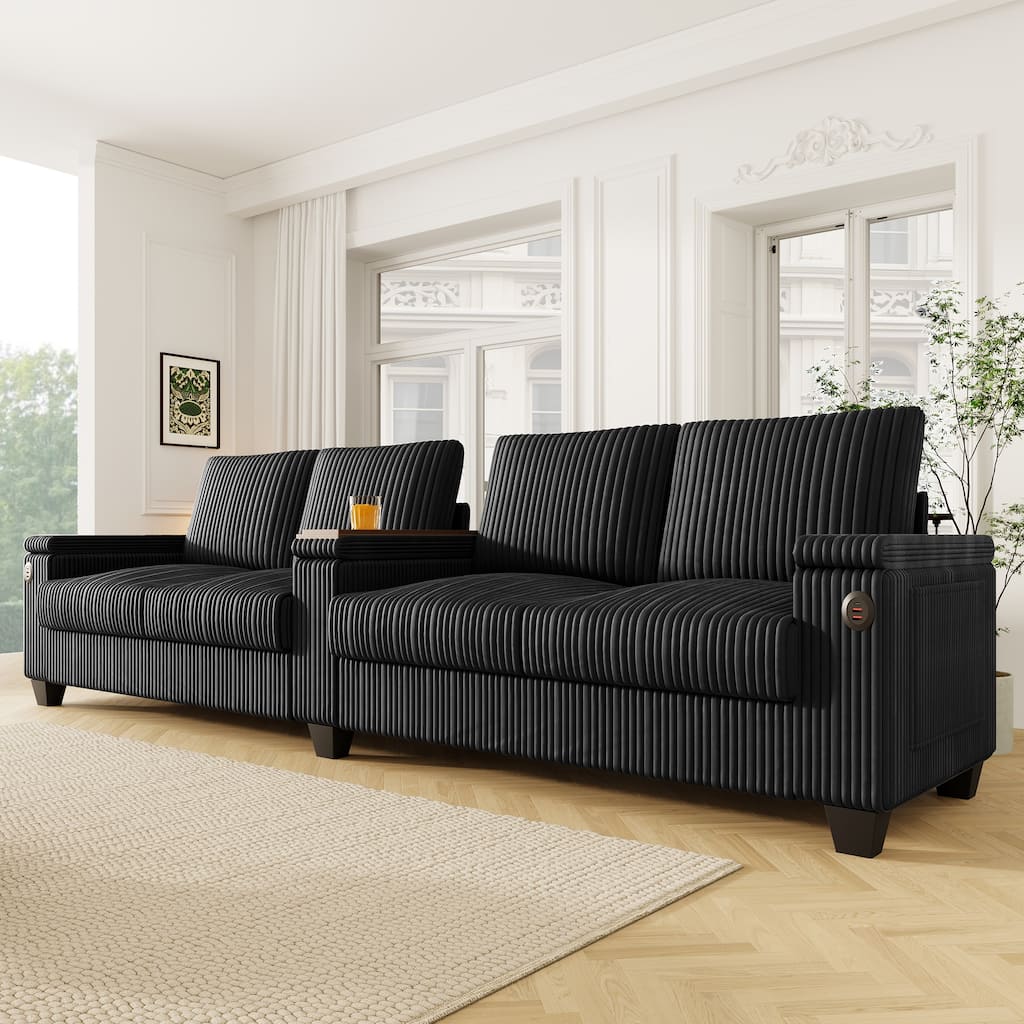 4-seater Corduroy Sofa with Storage, Cup Holders, USB Ports, 133" Length, Black