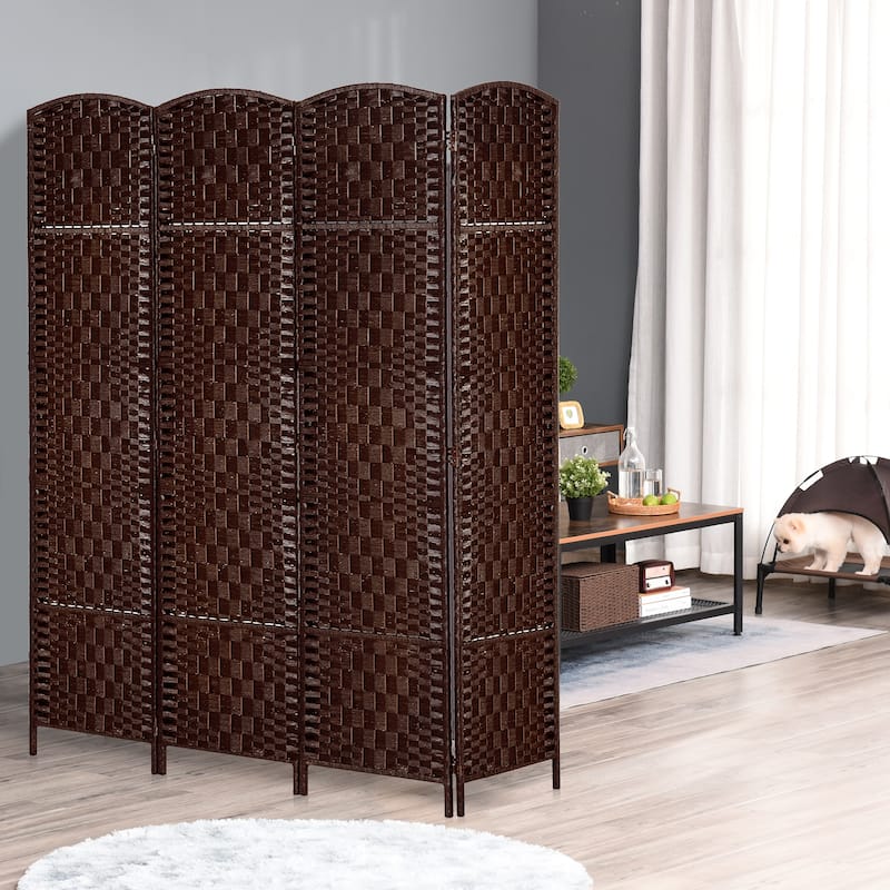 HomCom 6' Tall Wicker Weave Four Panel Room Divider Privacy Screen - Chestnut Brown - Brown
