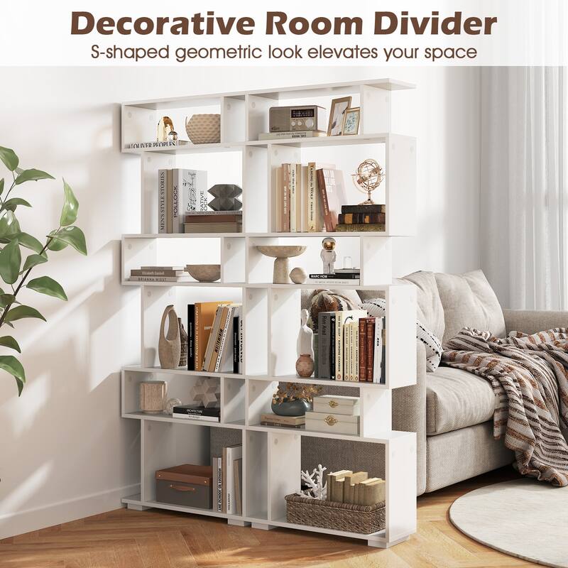 Engineered Wood 6-Tier S-Shaped Bookshelf with Anti-Tip Kits - 24" L x 8" W x 64" H