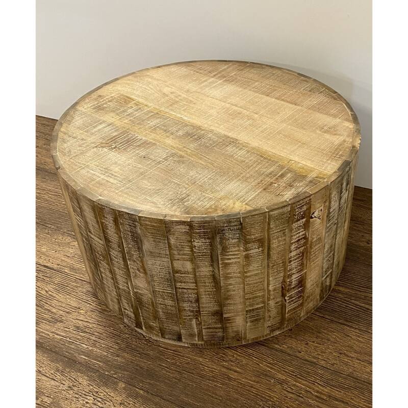 32" Solid Wood Round Distressed Drum Coffee Table for Living Room - 32” x 32” x 18”