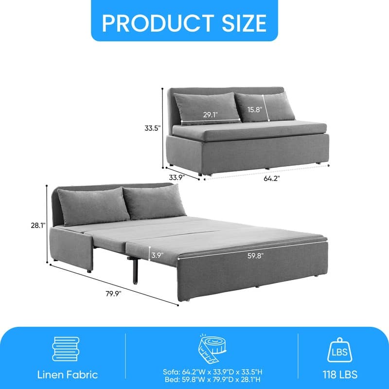 Mixoy Full/Queen Size Sofa Bed,2 in 1 Convertible Linen 1-Seater/Loveseat Sleeper Sofa Couch with Cushions