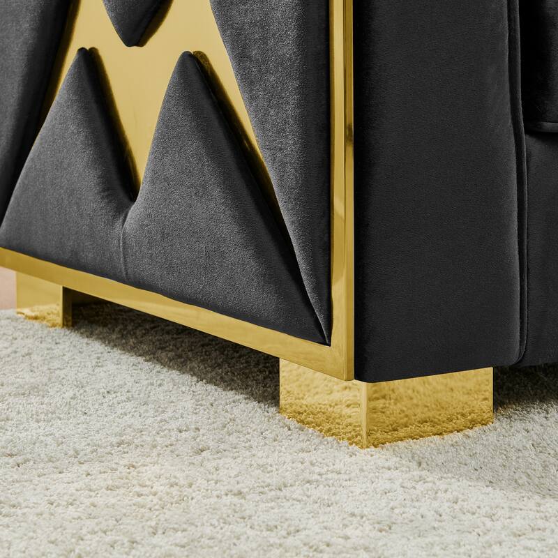 Velvet Chesterfield 3 Seater Sofa, Button Tufted Upholstered Sofa, Lounge Sofa with Stainless Steel Accents & Metal Legs