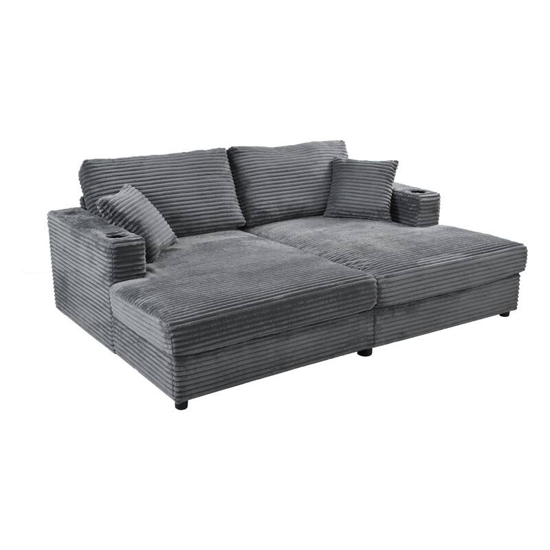 86.5" Corduroy Chaise Lounge Sofa with 2 USB Ports, Cup Holders, and 550lb Capacity