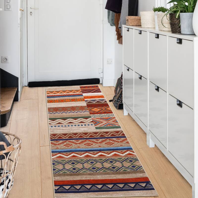 Area Rug Washable Living Room Rugs Vintage Geometric Area Rug Soft Low Pile Non-Slip Area Rug