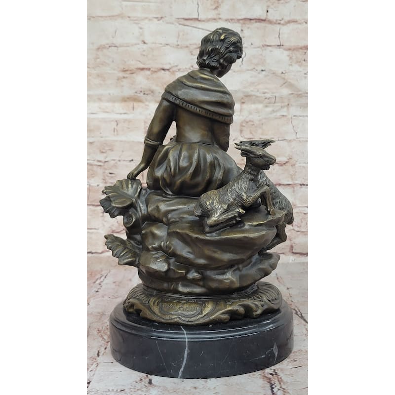 Charming Bronze Sculpture Of Young Girl With Basket Of Flowers And Playful Lamb – Classic Art Figurine On Marble Base