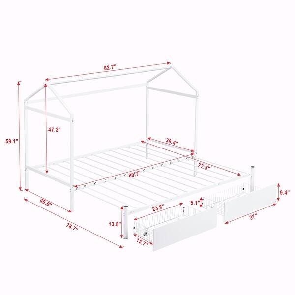 dimension image slide 1 of 2, Twin XL to King Metal Twin Size House Platform Bed with 2 Drawers