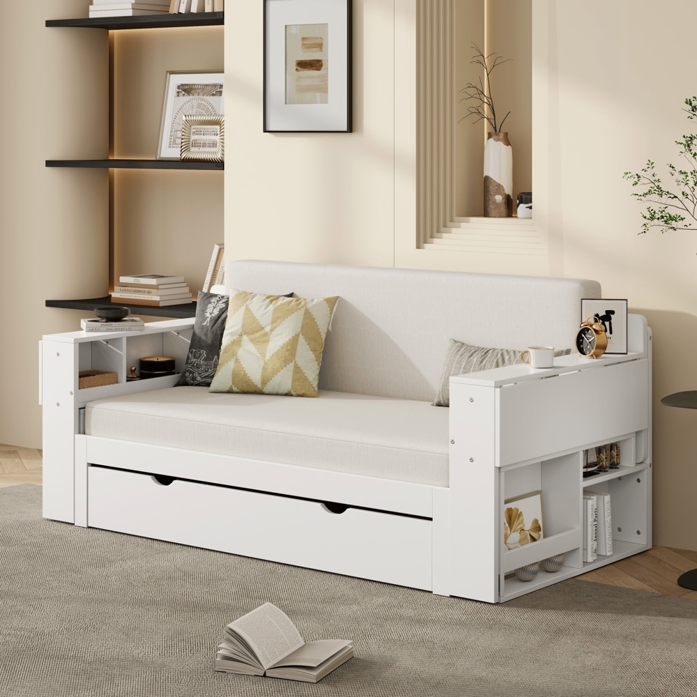 Daybed with Removable Desk and Storage Drawers Hydraulic Side Table