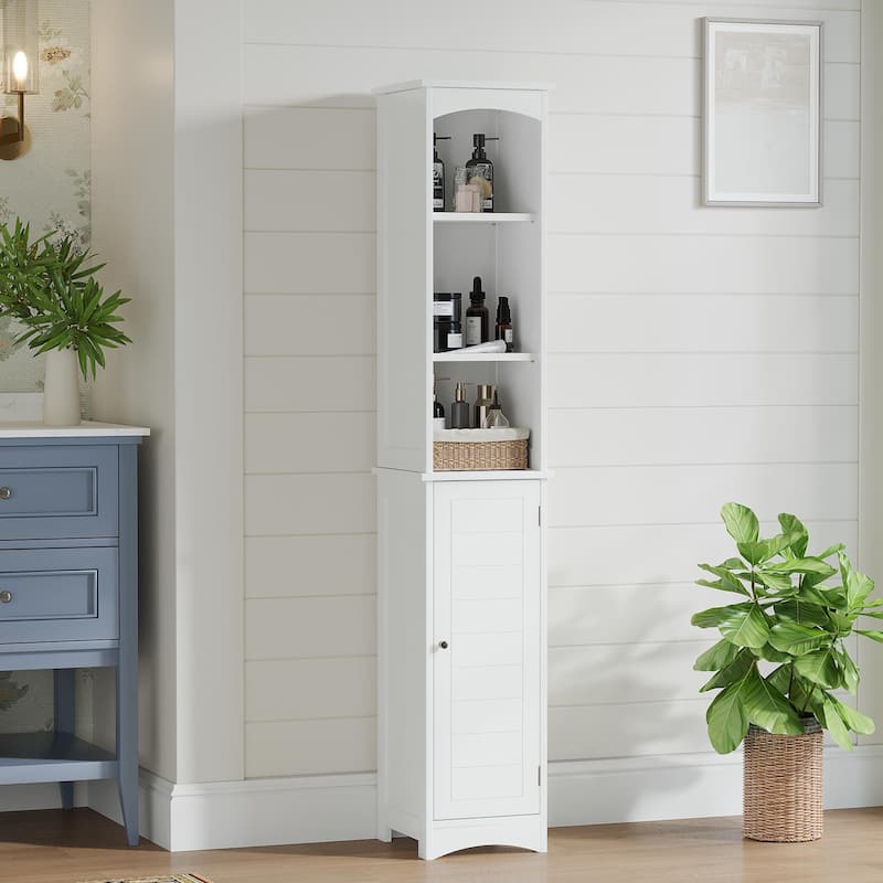 64.17"Tall Bathroom Storage Cabinet with Adjustable Shelves,Slim 1 Doors Freestanding Cabinet with Anti-Tip, Open compartments