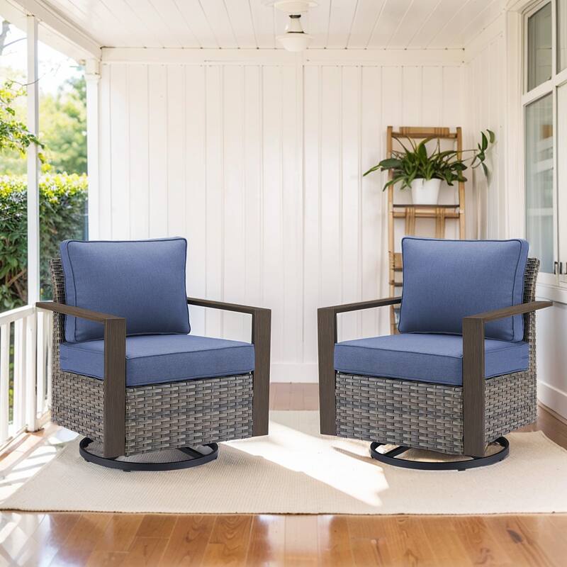 Gymojoy Outdoor Swivel Gliders Rocker Chairs 2 Pieces - Grey Wicker - Blue Cusion