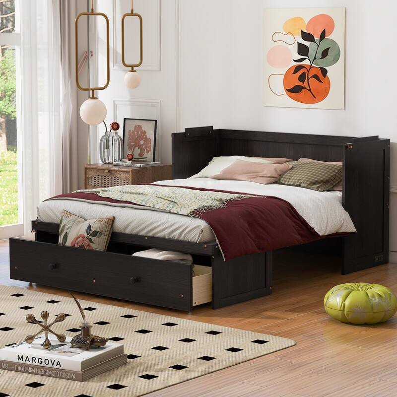Queen Size Murphy Bed with USB Port and Large Drawer, Space-Saving Design, No Box Spring Needed, Espresso Finish