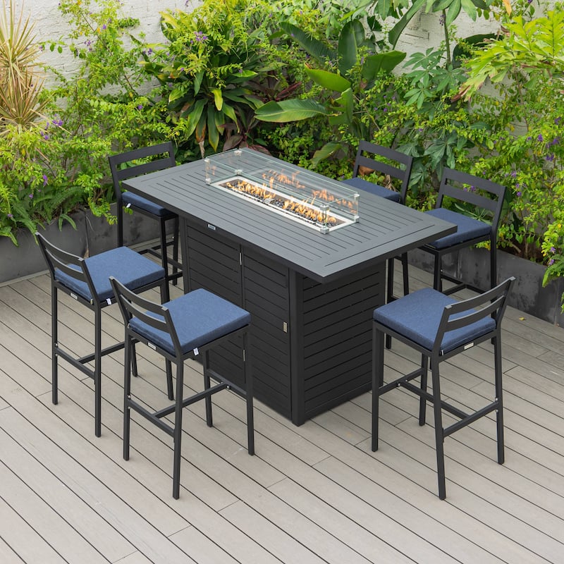 7-Piece Outdoor Patio Bar Height Dining Set in Aluminum with Rectangular Fire Pit Table and 6 Barstool