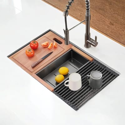 28" Gunmetal Black Undermount Sink - 16G Stainless Steel Workstation