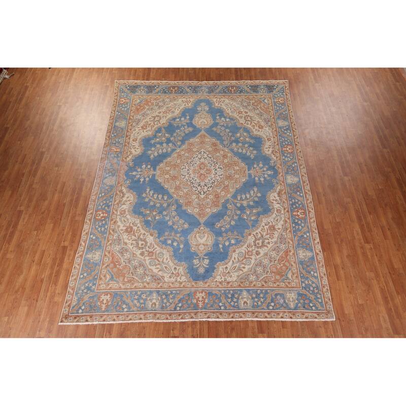 Blue Tabriz Persian Vintage Rug Hand-Knotted Wool Carpet - 9'3" x 12'11"