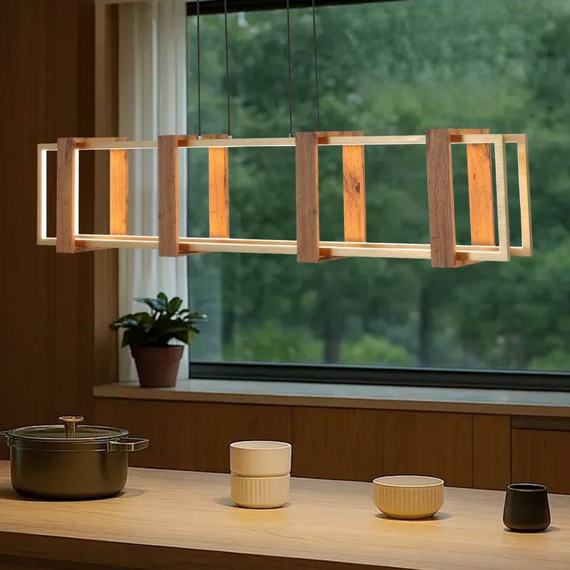 40 in. LED Rectangular Wood Chandelier Modern Pendant Light Fixture Dimmable Kitchen Chandeliers for Dinning Room