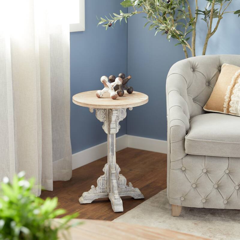 Wood Scroll Intricately Carved Accent Table with Brown Wood Top - Gray, White, Cream - Roche River Decor