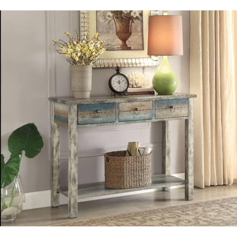 Glancio Beautiful Console Table, Antique Oak & Teal Blue - 32 H x 16 W x 42 L Inches - Multi