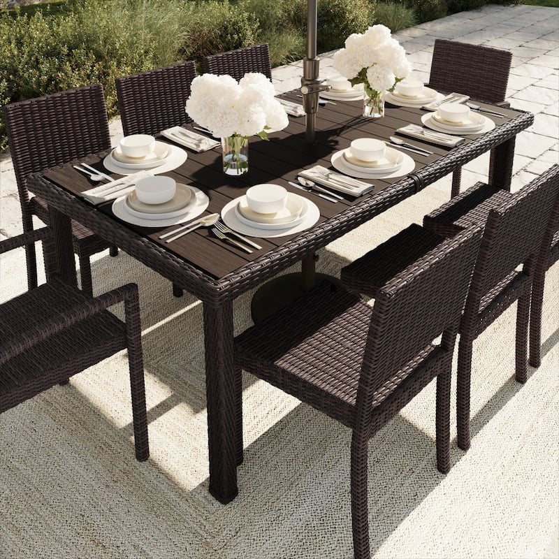 71" Outdoor Rattan Wicker Patio Table with Engineered Wood Top - 39"W x 71"D x 30"H