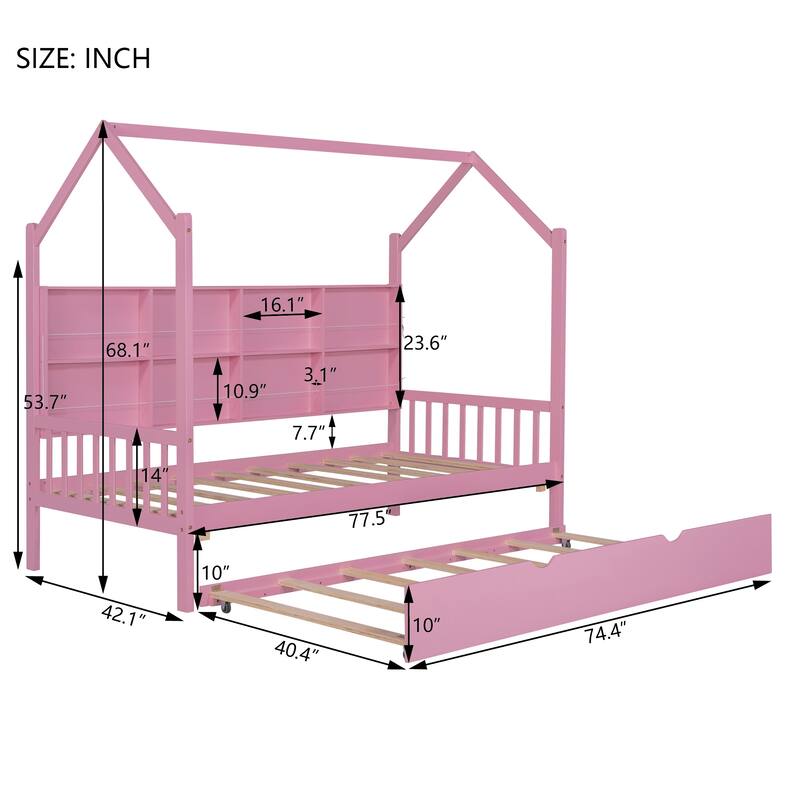 Twin Size House Bed with Trundle and Storage Shelf