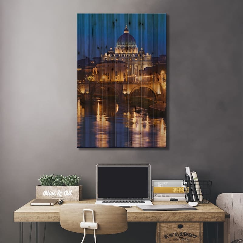 Italy, Rome, St. Peters Basilica, Tiber River night scene. Print On Wood by Jaynes Gallery - Multi-Color