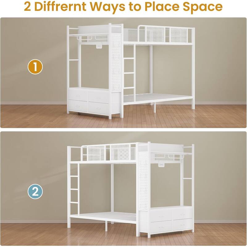 Metal Bunk Bed Twin Over Twin with Hall Tree 4 Storage Drawers