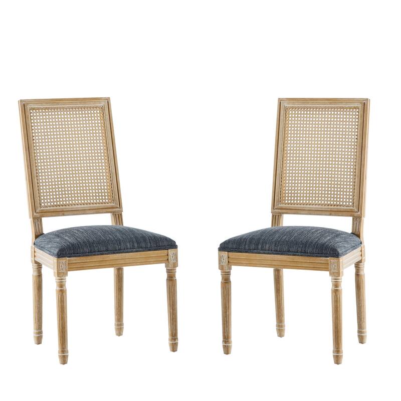 French Country Dining Chairs w/ Elegant Cane Backrest & Upholstered Seats (Set of 2)